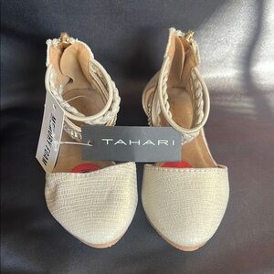 Tahari Cream and Gold Dress Shoes with Woven Ankle Strap